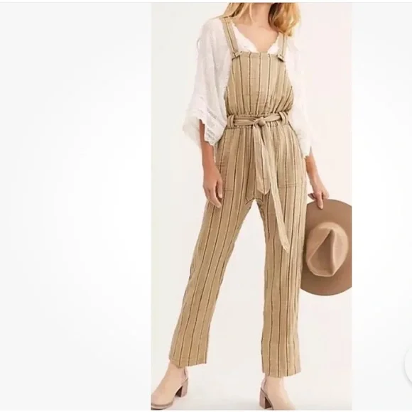NWT Free People One Ballast Striped Belted Overall Jumpsuit Moss Large - Picture 14 of 15